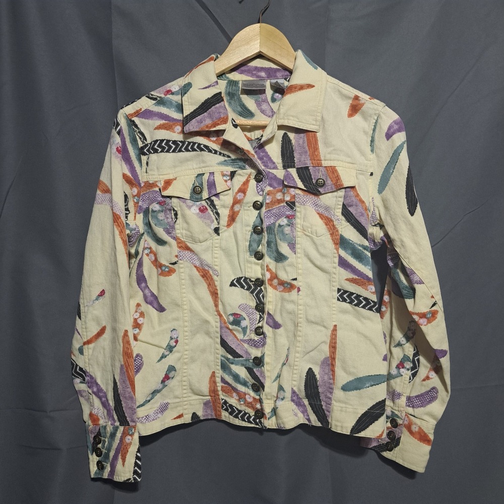 Chico's Women's‎ SIZE 1 Abstract Print Button Front Jacket Linen Cotton Blend